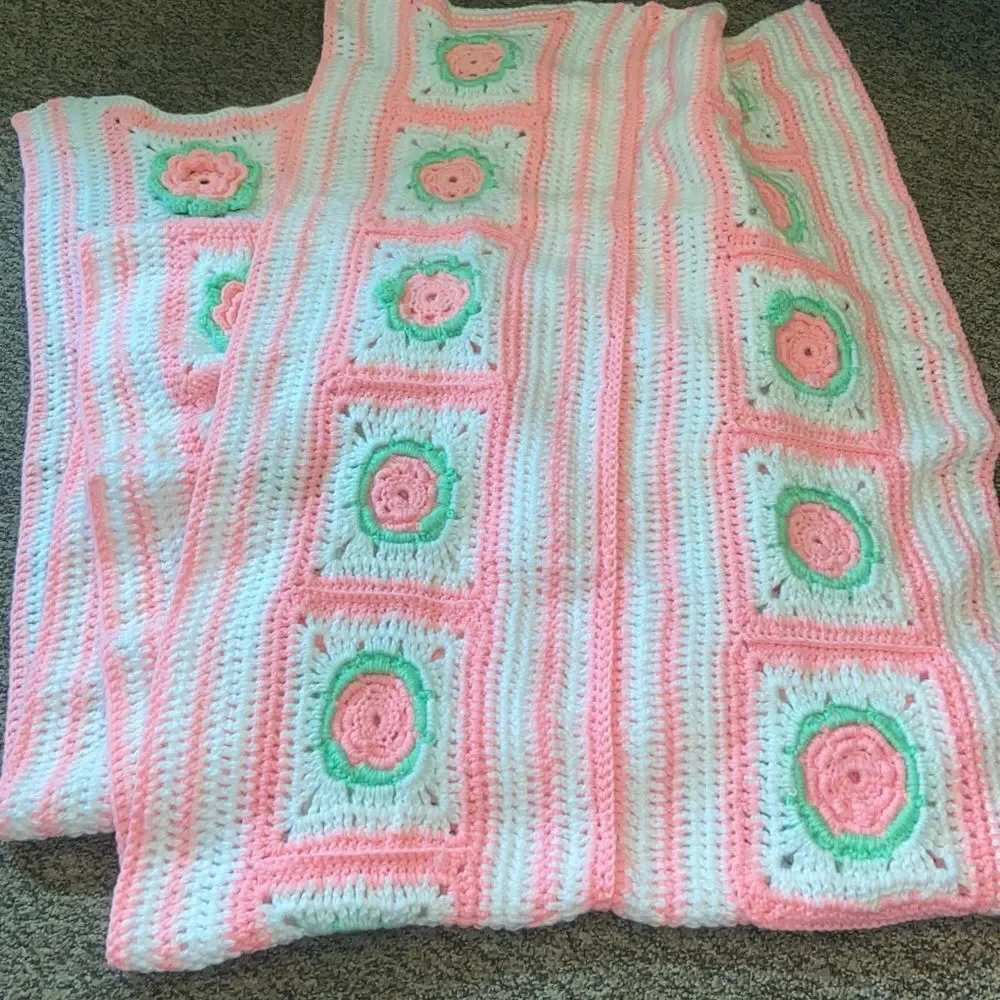 Pink and White Crochet Blanket with Floral Design Handmade 335X29” Approximate